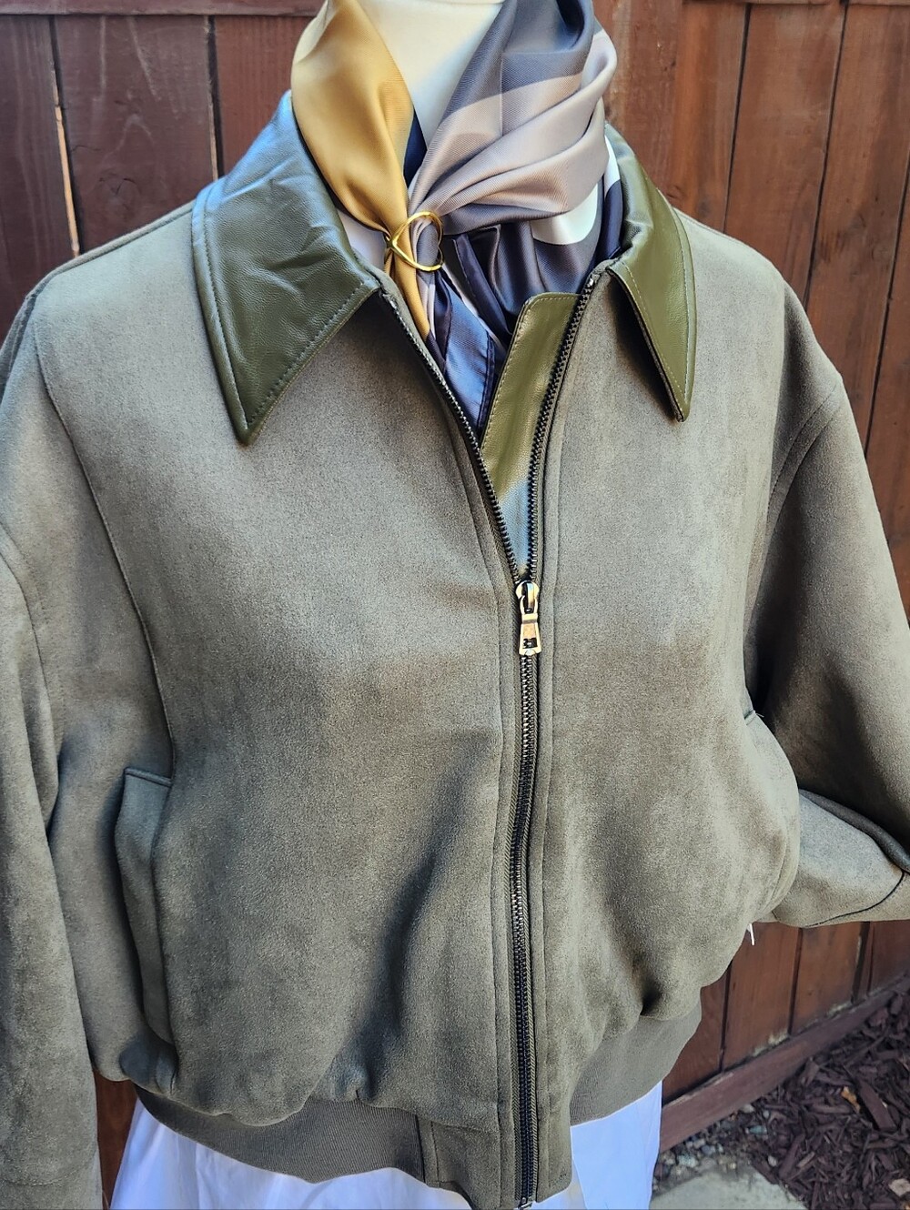 Forever 21 Olive Faux Suede Bomber Jacket with Faux Leather Collar